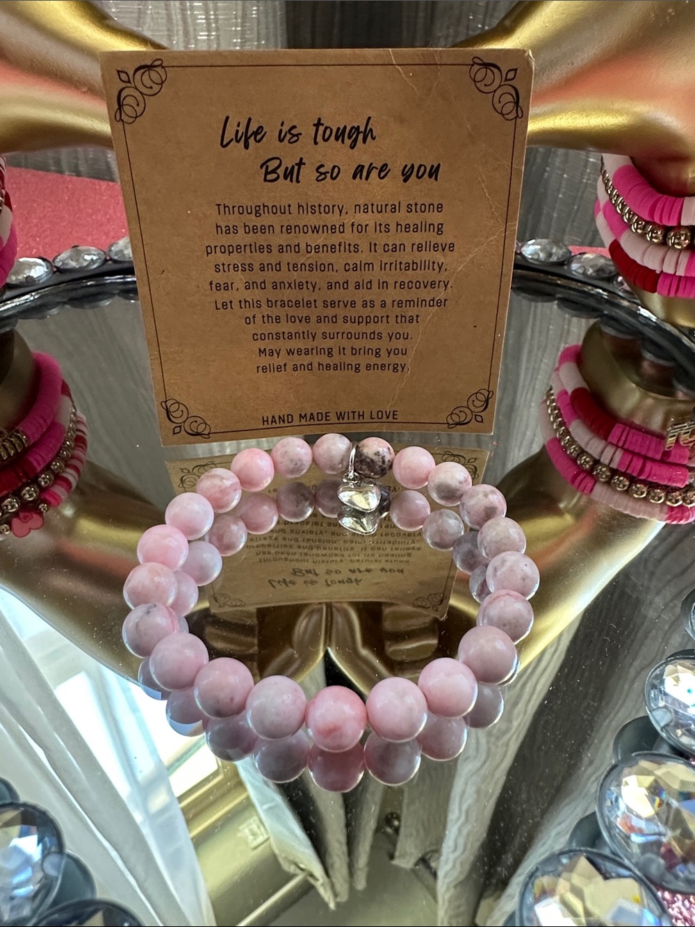 Unlisted Pink Natural Stone Beaded Bracelet with Heart Charm - Picture 2 of 3